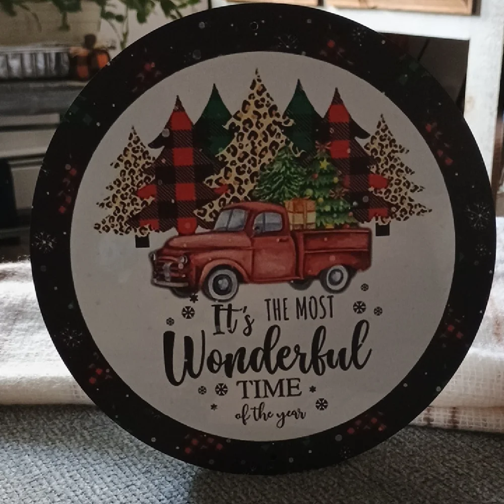 NIP Festive Round Sign with Red Truck and Trees
